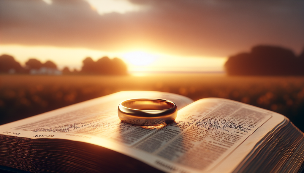 A marriage ring sitting on a Bible with a sunset over a rural environment in the background.